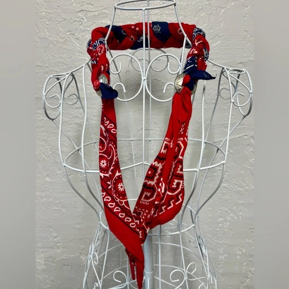 Vintage Red Blue Braided Bandana Silver Charm Accents